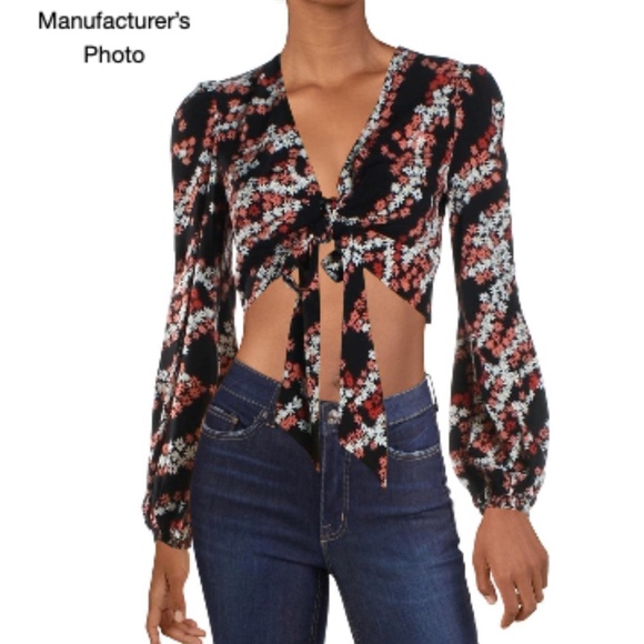 Zoie Floral Sheer Knot-Front Black Crop Top Size 0 - Picture 1 of 12